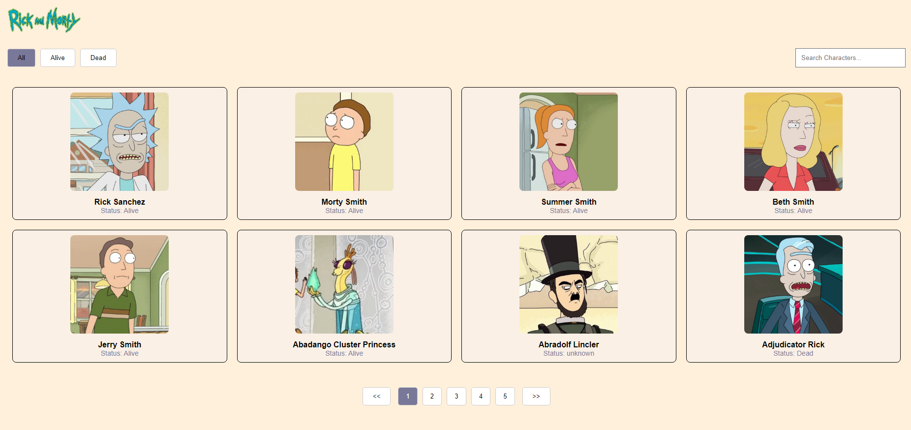 image of a one page website with rick and morty characters